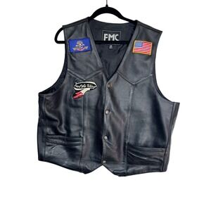 Vintage FMC‎ Black Leather American Flag Skull Patches Motorcycle Biker Vest 48